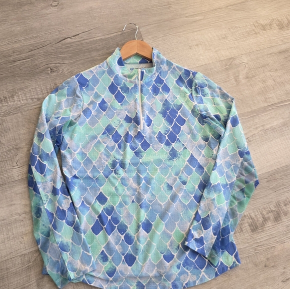 IBKUL Sun Swim Shirt Top M Vented Mesh LongSlv Collar BlueGreen Print GolfTennis - Picture 3 of 10